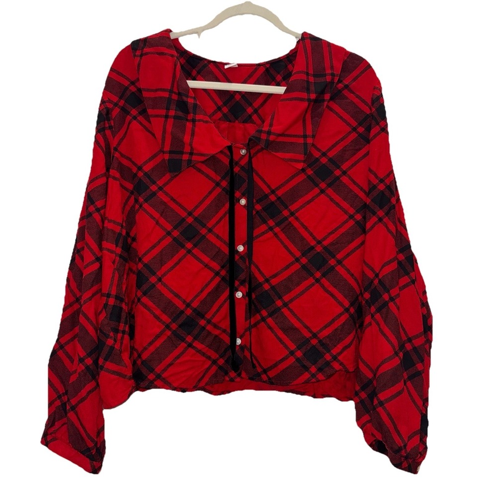 Old Navy Women's XL Red Black Plaid Peter Pan Collar Blouse Coquette‎ Academia